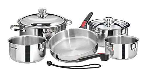 Magma 10 Piece Gourmet Nesting Stainless Steel Cookware Set, Induction Compatible, Oven Safe to 500°F - Suitable for All Stovetops, Removable Handles, Silver
