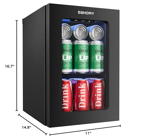 EUHOMY 18L Beverage Refrigerator Cooler, 24 Cans Mini Fridge with Quiet Compressor, Countertop Small Fridge with 40°F-61°F Digital Temperature Control, LED Lgiht for Home, Bar, Office