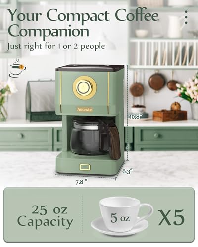 Amaste Drip Coffee Maker, Coffee Machine with 25 Oz Glass Coffee Pot, Retro Style Coffee Maker with Reusable Filter & Three Brewing Modes, Warming Plate, Matcha Green