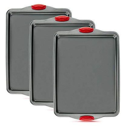 Premium Nonstick Baking Sheet Pans – Set of 3, Heavy-Gauge Carbon Steel, Warp, Dent, and Rust-Resistant – Gourmet Rimmed Half Cookie Sheet Trays, Non-Toxic for Exceptional Baking Performance