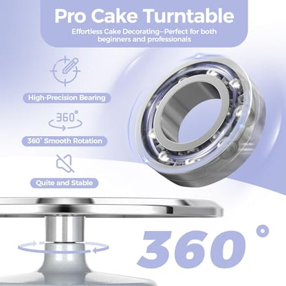 Cake Turntable, Ohuhu Aluminium 12'' Cake Decorating Kit Supplies Rotating Stand Revolving Spinner with 2 Icing Spatula 3 Comb Smoother