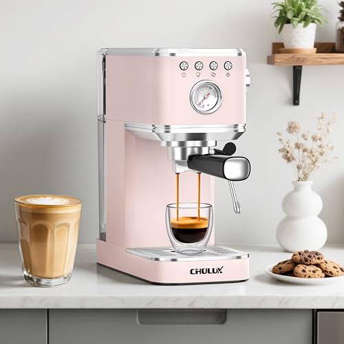 CHULUX Slim Espresso Machine with Milk Frother, 20 Bar Professional Italian Pump Espresso Coffee Machine for Home Cappuccino & Latte Maker, Stainless Steel, Pink