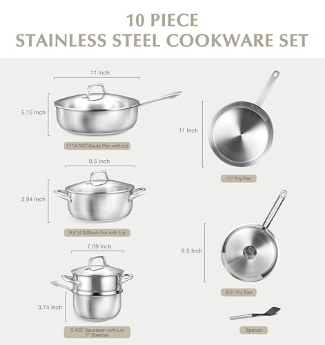 KOCH SYSTEME CS Stainless Steel Cookware Set 10 Piece, 18/10 Stainless Steel Pots and Pans Set for Professional Cooking, Kitchen Cookware Sets, Induction Compatible, Pots and Pans Set, Cooking Set