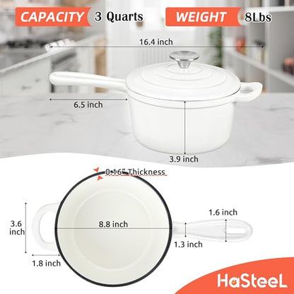 HaSteeL 3 QT Cast Iron Saucepan, Enamel dutch oven with lid, Small Non Stick Pan for Milk, Pasta Tomato Sauce, Butter, Breakfast, Soup, Suitable for Boiling Stewing Frying, Easy to Clean, White