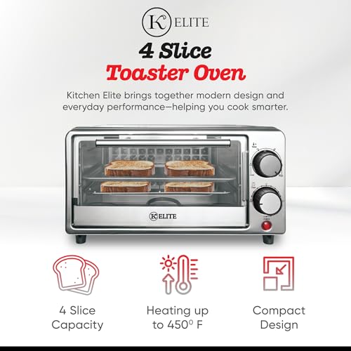 Kitchen Elite 4-Slice Toaster Oven, Compact Countertop Appliance with Bake Tray, Wire Rack, Adjustable Timer, and Temperature Control, Black