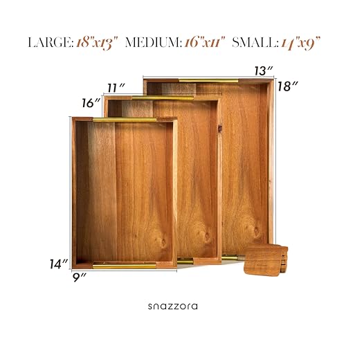 SNAZZORA 3 Pcs Acacia Wood Serving Trays with Golden Steel Handles 18", 16" & 14" with 6 Coasters - for Coffee Table, Ottoman in Living Room, Breakfast in Bed, Jewelry, Decorative, BBQ, Charcuterie
