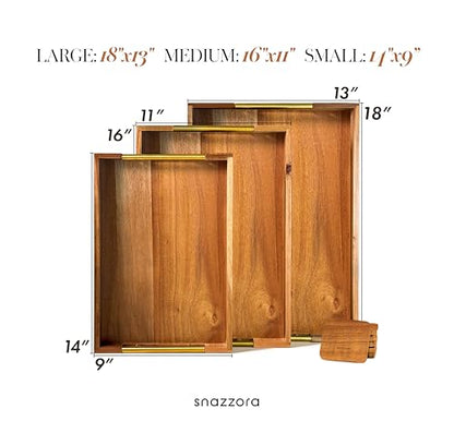 SNAZZORA 3 Pcs Acacia Wood Serving Trays with Golden Steel Handles 18", 16" & 14" with 6 Coasters - for Coffee Table, Ottoman in Living Room, Breakfast in Bed, Jewelry, Decorative, BBQ, Charcuterie