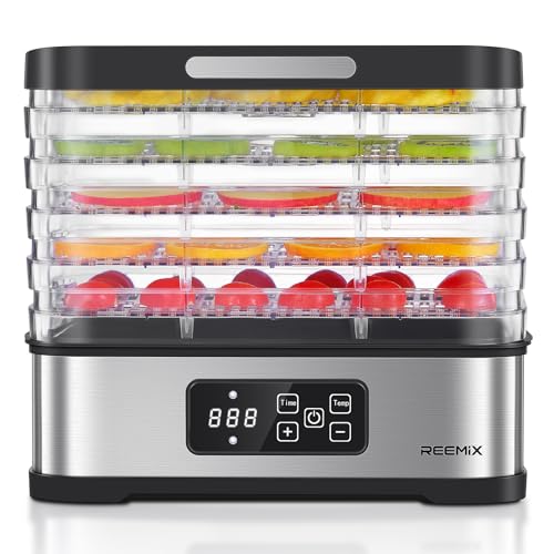 Reemix 5-Tier Compact Food Dehydrator - BPA-Free Trays, Stainless Steel Base, Touch Control LCD Display for Temperature/Time Adjustment, Home Use Dryer for Fruits, Veggies & Jerky