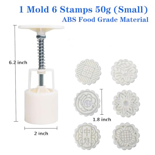 Moon Cake Mold 6 PCS, Mid Autumn Festival DIY Hand Press Cookie Stamps Pastry Tool Moon Cake Maker, Flower Mode Patterns 1 Mold 6 Stamps 50g (White).
