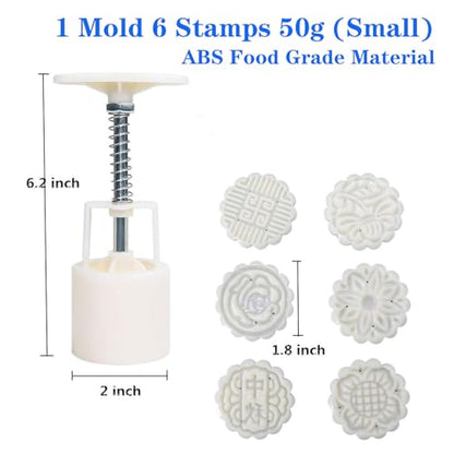 Moon Cake Mold 6 PCS, Mid Autumn Festival DIY Hand Press Cookie Stamps Pastry Tool Moon Cake Maker, Flower Mode Patterns 1 Mold 6 Stamps 50g (White).