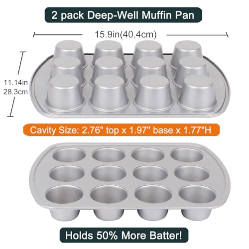 wivplik Deep Well Muffin Pan - 12-Cup 2-Pack, 1.77-Inch Deep Cups (50% More Batter), Heavy Duty Carbon Steel with Nonstick and Non-Toxic Coating, 15.9 x 11.1 Inches