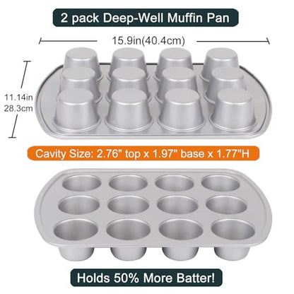 wivplik Deep Well Muffin Pan - 12-Cup 2-Pack, 1.77-Inch Deep Cups (50% More Batter), Heavy Duty Carbon Steel with Nonstick and Non-Toxic Coating, 15.9 x 11.1 Inches