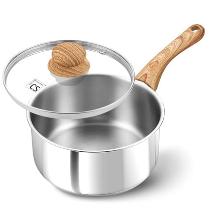 KOCH SYSTEME CS Stainless Steel Saucepan, 1 Quart Stainless Steel Pot with 5-Layer Stainless Base, Sauce Pan with Lid & Stay-Cool Handle, Small Pot 1 Quart, Induction Compatible