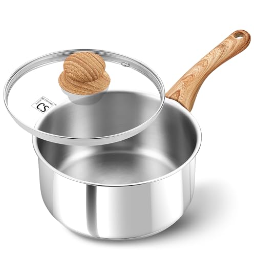 KOCH SYSTEME CS Stainless Steel Saucepan, 1 Quart Stainless Steel Pot with 5-Layer Stainless Base, Sauce Pan with Lid & Stay-Cool Handle, Small Pot 1 Quart, Induction Compatible