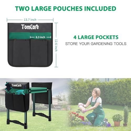 TomCare Garden Kneeler and Seat 10.64” Wider Larger Soft Kneeling Pad Garden Bench with 2 Large Tool Pouches Heavy Duty Garden Stool Foldable Tools Gardening Gifts for Women Men Gardeners