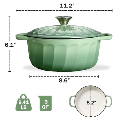 NSIRONS Enameled Cast Iron Dutch Oven with Lid, 3 QT Dutch Oven Pot for Bread Baking, Heavy Duty Cast Iron Pot for Braising, Cook, Bake, Refrigerate Safe across All Cooktops (Pistachio Green,3 QT)