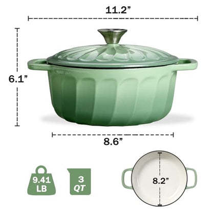 NSIRONS Enameled Cast Iron Dutch Oven with Lid, 3 QT Dutch Oven Pot for Bread Baking, Heavy Duty Cast Iron Pot for Braising, Cook, Bake, Refrigerate Safe across All Cooktops (Pistachio Green,3 QT)