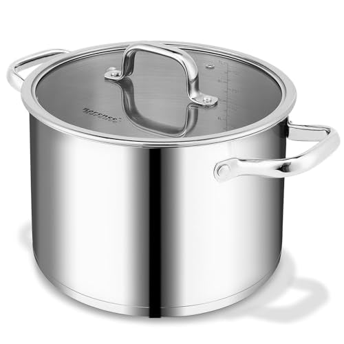 Rorence Stainless Steel Stock Pot, Tri-Ply Base Large Pot Induction Cooking Pot with Lid for All Stoves, Oven & Dishwasher Safe, 8-Quart