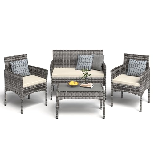 BUPPLEE 4 Pieces Patio Furniture Set, Outdoor Wicker Rattan Patio Conversation Furniture Set with Waterproof Cushion and Table for Lawn Poolside Backyard Garden Balcony Porch
