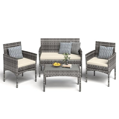 BUPPLEE 4 Pieces Patio Furniture Set, Outdoor Wicker Rattan Patio Conversation Furniture Set with Waterproof Cushion and Table for Lawn Poolside Backyard Garden Balcony Porch