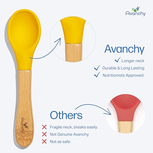 Avanchy Baby Spoons, Silicone Baby Spoons for Self Feeding, Toddler & Infant Spoons 4+ Months, Baby Led Weaning Utensils, Soft Tip Feeding Spoons, BPA Free Bamboo Handle, 5 Pack Blue