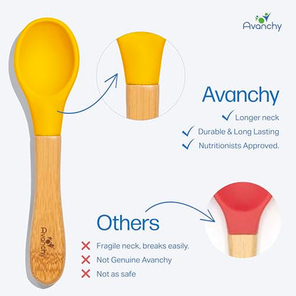 Avanchy Baby Spoons, Silicone Baby Spoons for Self Feeding, Toddler & Infant Spoons 4+ Months, Baby Led Weaning Utensils, Soft Tip Feeding Spoons, BPA Free Bamboo Handle, 5 Pack Blue