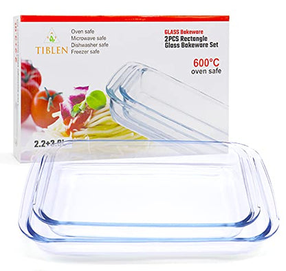 TIBLEN 2-Pack Glass Baking Dishes – 102 oz & 75 oz (2.2 L + 3.0 L) Large Oven-Microwave-Freezer Safe Borosilicate Glass Bakeware for Cooking & Food Storage