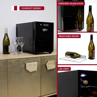 Koolatron 6 Bottle Wine Fridge – Freestanding Wine Cooler with Glass Door, 0.6 cu ft (16 L) Beverage Can Refrigerator, Digital Temperature Control, Ideal for Red, White & Sparkling Wine, Champagne
