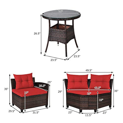 Tangkula 4-Piece C Shape Patio Furniture Set, Outdoor Corner Wicker Rattan Sectional Cushioned Sofa Set, with Glass Coffee Table, for Garden Poolside Balcony (Red)