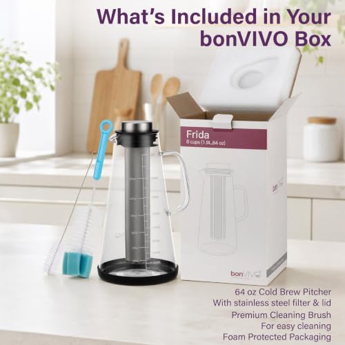 bonVIVO Cold Brew Coffee Maker 1.9L Glass Pitcher with Steel Filter (64OZ)