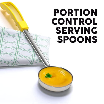Portion Control Serving Spoons - (8 Piece Set) Restaurant Measuring Serving Ladle Utensils for Weight Loss, Bariatric Gastric Sleeve, Includes 2, 4, 6, 8 oz Solid & Perforated Scoops, 14-1/4" Long