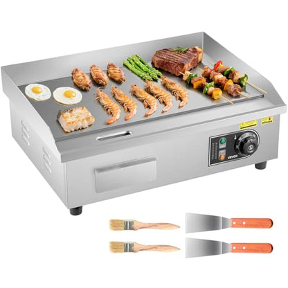 VEVOR Commercial Electric Griddle, 1750W, 122-570°F Adjustable Temp Control, Stainless Steel Countertop Flat Top Grill with 2 Spatulas, 2 Brushes and 4 Foot Pads, for Steak, Pancake