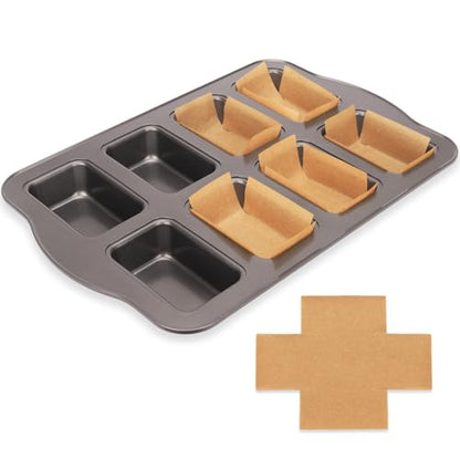 UCBAT Mini Loaf Baking Pans Set 8-Cavity with 200 PCS Parchment Liners, Nonstick Bakeware Rectangle Bread Pan, Heavy Duty Banana Bread Pan, Grey