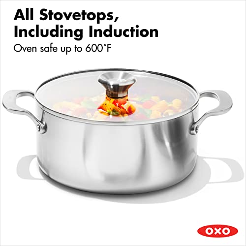 OXO Mira Tri-Ply Stainless Steel, 5QT Stock Pot with Lid, Induction, Multi Clad, Dishwasher and Metal Utensil Safe