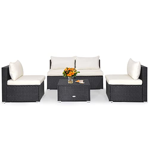 Tangkula 5-Piece Outdoor Patio Furniture Set, Patiojoy PE Wicker Conversation Set with Cushions and Coffee Table, Patio Sectional Sofa Furniture Set for Garden, Poolside, Backyard (Off White)