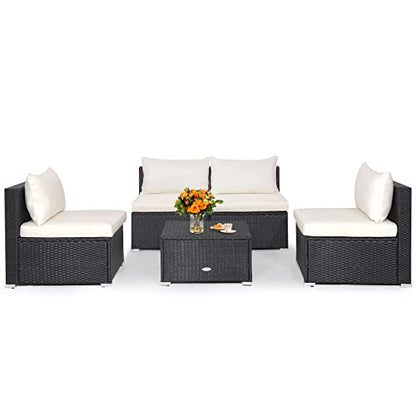 Tangkula 5-Piece Outdoor Patio Furniture Set, Patiojoy PE Wicker Conversation Set with Cushions and Coffee Table, Patio Sectional Sofa Furniture Set for Garden, Poolside, Backyard (Off White)