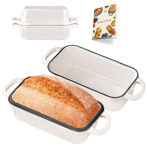 Articasting Cast Iron Bread Loaf Pan with Lid, Loaf Pans for Baking Bread 9x5, Enameled Bread Pans for Homemade Bread, Sourdough, Set of 2, Cream