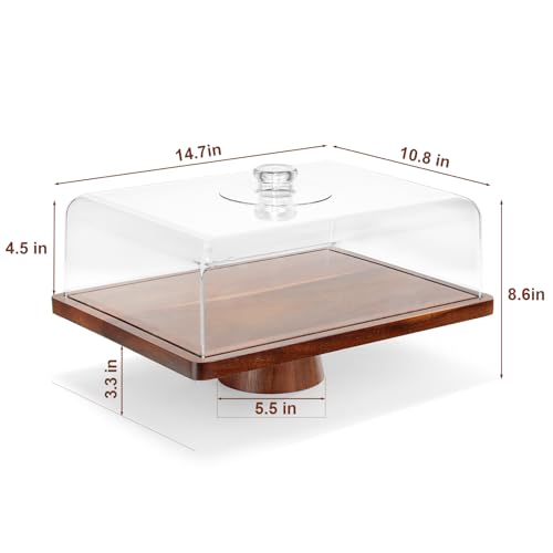 HouseJoy Acacia Wood Cake Stand with Lid-Extra Large 17" Rectangular Cake Holder,2-in-1 Dessert Table Display Set & Charcuterie Board,Acrylic Cake Dome Cover for Cheese/Veggie/Desert /Chips & Dip