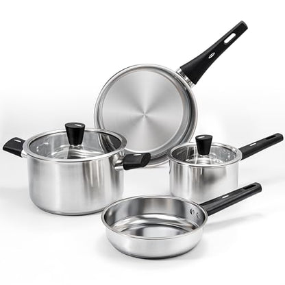 6-Piece Stainless Steel Pots and Pans Set, Kitchen Cookware Set with Stay-Cool Handles Compatible with Gas, Electric & Induction, Dishwasher Safe, Non-Toxic & Durable for Everyday Cooking