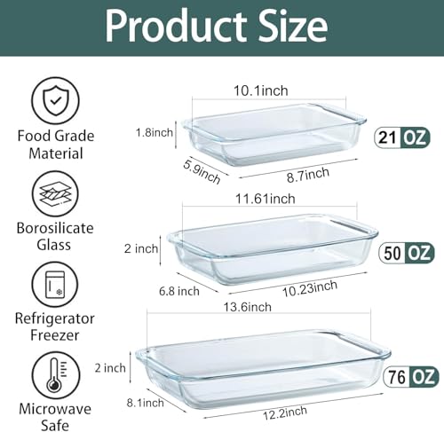 Glass Baking Dish, Glass Baking Dishes for oven,Food Container 3-Piece Set for Cooking Lasagna Kitchen Baking Bakeware Set Oven Microwave Refrigerator Dishwasher Safe (3)