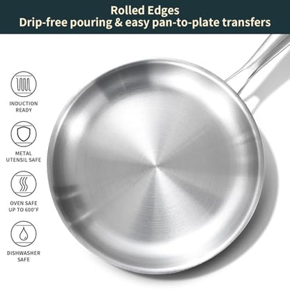 DELARLO Full Clad Tri-Ply Stainless Steel Frying Pan 10 inch, All Stove Compatible Up to 600℉, Heavy Duty, Oven Safe Skillet, 18/10 Cooking Pan, Chef's Pan for Kitchen, Omelette Pan, Flat Bottom