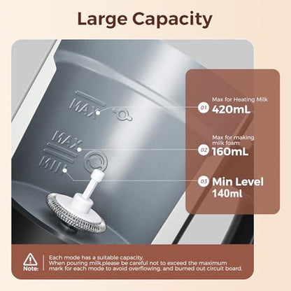 Automatic Milk Frother 6-in-1, Electric Milk Frother and Steamer 420ml, Milk Steamer and Frother for Latte, Coffee Frother Machine, Warm and Hot Chocolate Maker, Cold Foam Maker, Cappuccinos