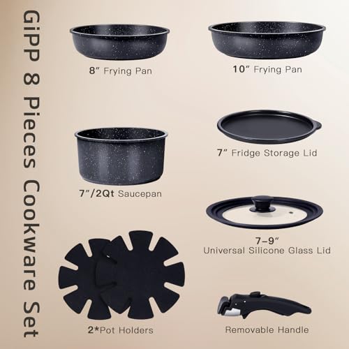 GiPP Ceramic Non Stick Pots and Pans Set,Nonstick Detachable Handle Cookware Sets,Healthy Non Toxic PFAS PFOA & PTFE Free, Dishwasher ＆Oven Safe, Induction Kitchen Pot and Pan, 8 Piece Grey