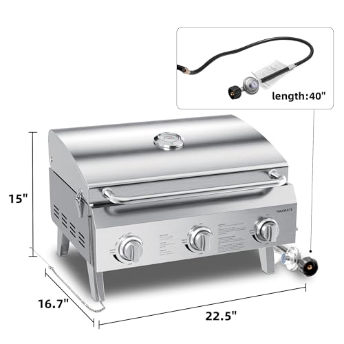 Tabletop Gas Grill 3-Burner, 22-inch Portable Propane Grill, 30,000 BTUs Stainless Steel Grill with Foldable Legs, Ideal for BBQ, Camping, Patio, Backyard, Tailgate, and Holiday Gatherings