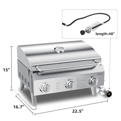 Tabletop Gas Grill 3-Burner, 22-inch Portable Propane Grill, 30,000 BTUs Stainless Steel Grill with Foldable Legs, Ideal for BBQ, Camping, Patio, Backyard, Tailgate, and Holiday Gatherings