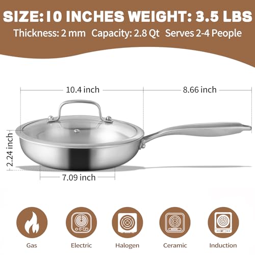 GOLDEN KEY 10 inch Tri-Ply 304 Stainless Steel Pan with Lid, Even Heating Non-toxic Skillet, Oven & Dishwasher Safe, Induction Ready, Ideal for Searing Meat & Fish, Sauteing, Frying (500°F)
