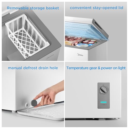 Midea MERC04C4BAWW Chest Freezer, 3.5 Cubic Feet Freezer With Removable Basket, Interior LED Light, Adjustable Temperature, For Kitchen Apartment Office, White