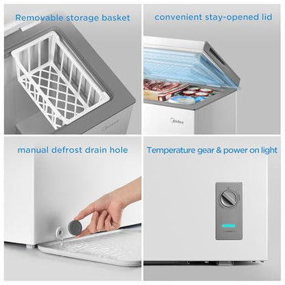 Midea MERC04C4BAWW Chest Freezer, 3.5 Cubic Feet Freezer With Removable Basket, Interior LED Light, Adjustable Temperature, For Kitchen Apartment Office, White
