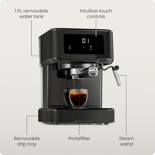 Chefman CraftBrew Espresso Machine, 15-Bar Pump Digital Espresso Maker w/Steam Wand for Latte & Cappuccino, Compact Espresso Coffee Machine w/ 1.5L Removable Water Reservoir - Stainless Black