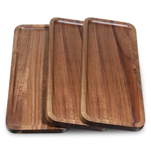 3 Pack Solid Acacia Wood Serving Trays, 14"x5.5" Rectangular Wooden Serving Platters, Wooden Mini Charcuterie Boards, Natural Wood Platter for Home Decor, Kitchen Counter, Cheese
